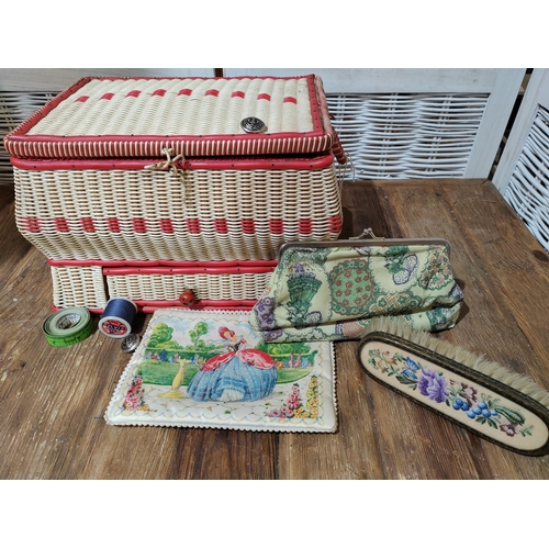 74 - Vintage Sewing Box & Contents to include Holly Hobby Make up Bag & Petit Point Brush