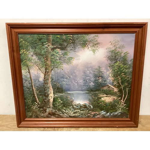 26 - Oil on Canvas of Forest River Scene Signed in Dark Wood Frame 58 cm x 48 cm