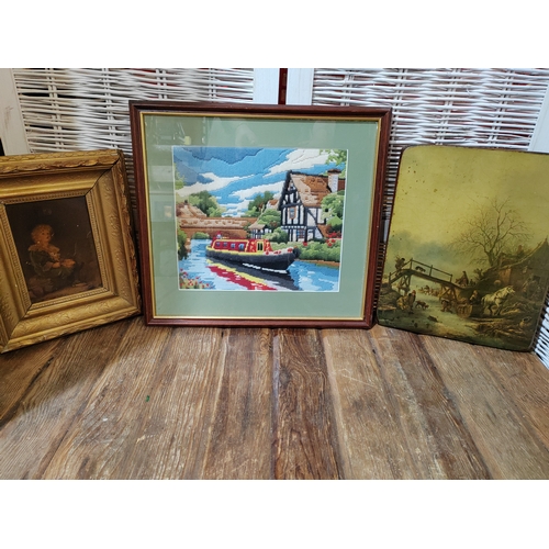 28 - Collection Of Vintage Pictures, Including Tapestry Canal Barge