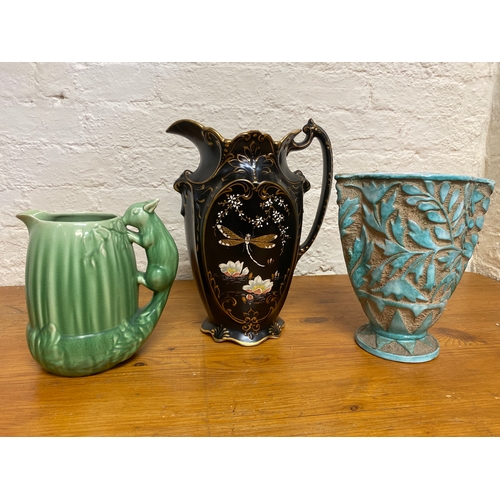 372 - Sylvac Jug, Italian Pottery Vase and Black Gilded Jug (AF)