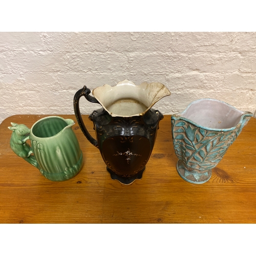 372 - Sylvac Jug, Italian Pottery Vase and Black Gilded Jug (AF)