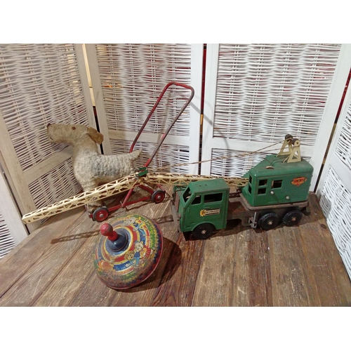 316 - Chiltern Toys Push Along Dog, Lumar Tin Plate Crane & Chad Valley Spinning Top