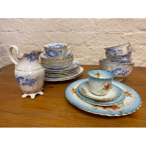 364 - Quantity of Unmarked Blue and White China with Unmarked Floral Cup, Saucer, Sideplate and Teaplate