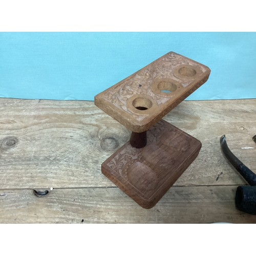 25 - Carved Wooden Pipe Rack complete with Pipes & Japanese Lucky Ashtray, Pipes include Bewlay Briarcut,... 