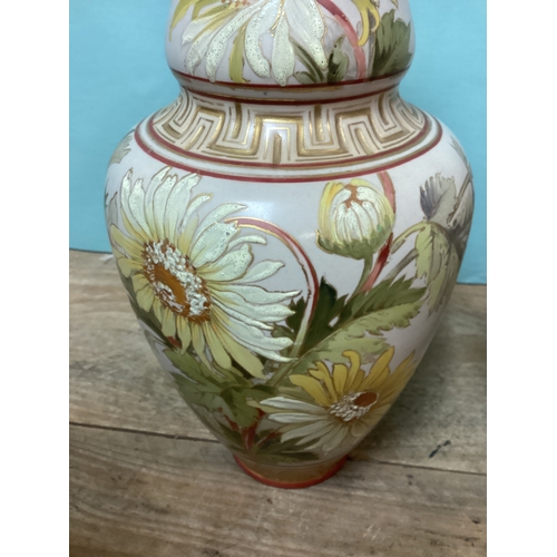 201 - Beautiful Pair of Large Doulton Lambeth Carrara Sunflower Design Vases - Height 34 cm Hand Painted