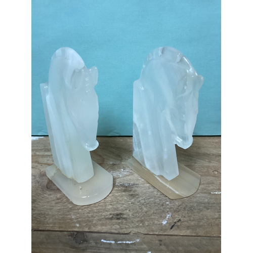 42 - Vintage pair of Onyx (Calcite) Horse Head Book Ends Trojan Art Deco Style- Height 18 cm