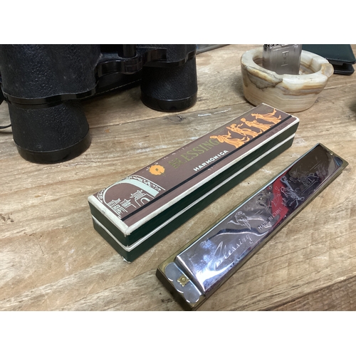 44 - Mixed Collectables to include Zenith Binoculars, Flashlight, Lighter, Ashtray & Blessing Harmonica