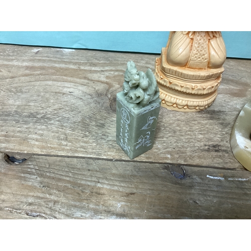 45 - Vintage Brass Sphinx on Onyx Plynth, Jadeite Oriental Dragon on Column & Buddha Figurine