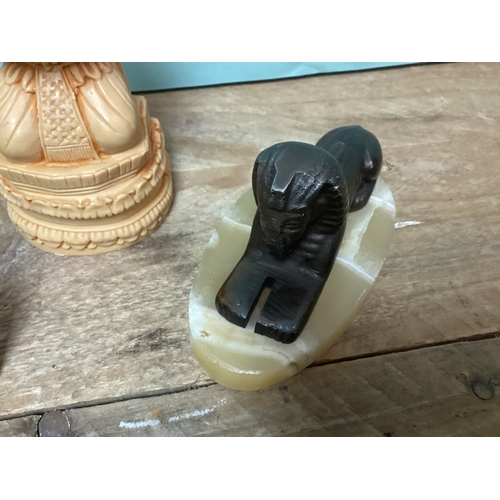 45 - Vintage Brass Sphinx on Onyx Plynth, Jadeite Oriental Dragon on Column & Buddha Figurine