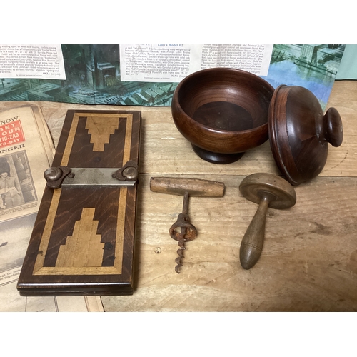 54 - An Eclectic Mix to include Treen Items, Corkscrews etc., a vintage Phillips Bicycle Poster & The Dai... 