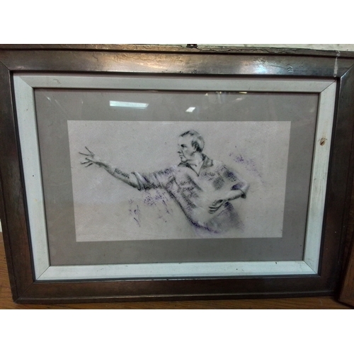 23 - 2 pictures of darts memorabilia one is hand drawn of the player Phil (The power) Taylor.