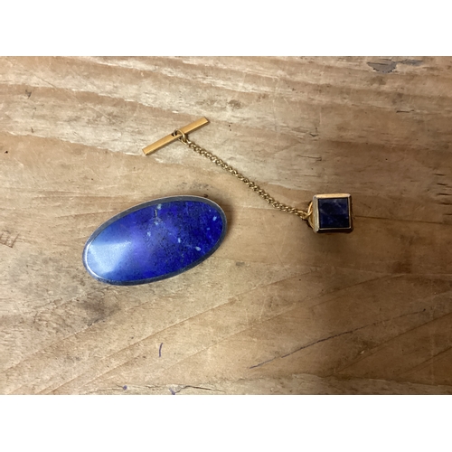 312 - Silver Hallmarked Oval Lapis Lazuli Brooch & Gold Tone Tie Pin