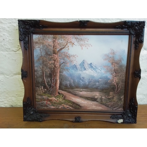 15 - 2 vintage oil on canvas painting of river and mountain scenery.