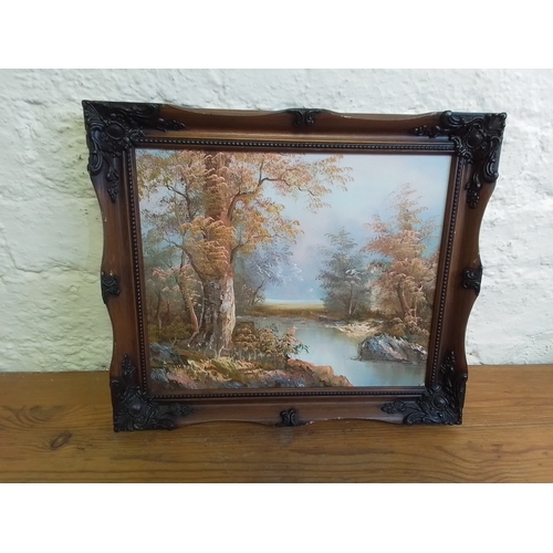 15 - 2 vintage oil on canvas painting of river and mountain scenery.