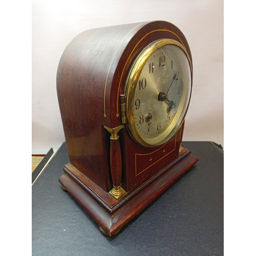 Mid Century Wood Cased Mantle Clock. Chimes Hour & Half Hour c/w Key