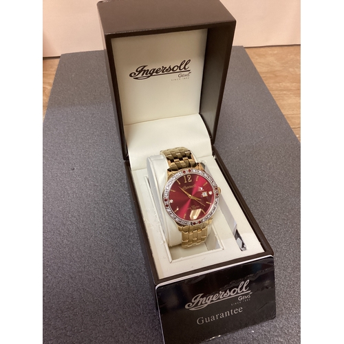 Ingersoll Gems Quartz Gold Tone Watch with Red Face Red White Gem Set Dial Boxed