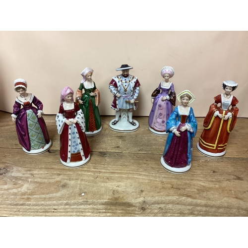 304 - Vintage Sitzendorf German Porcelain Figurines, Henry Viii & 6 x Wives, Anne of Cleeves, Catherine Pa...