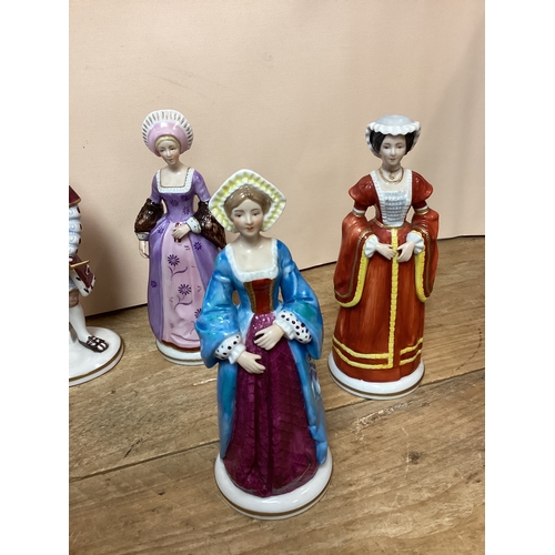 304 - Vintage Sitzendorf German Porcelain Figurines, Henry Viii & 6 x Wives, Anne of Cleeves, Catherine Pa... 