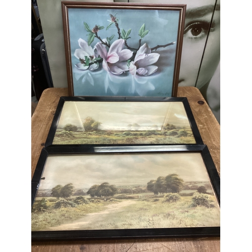 8 - 3 x Vintage Prints Landscapes by George Oyston & Floral By Vestey Rich - Oblong 63 cm x 34 cm