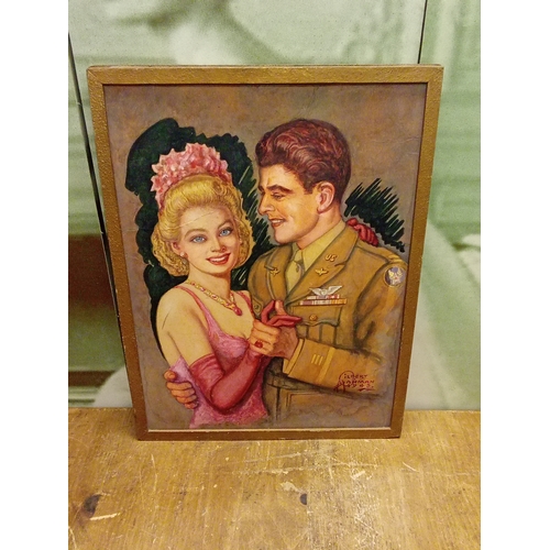 17 - Framed Watercolour Pencil Portrait of a US Airman & His Female Companion Signed Gilbert Hanman, 1945