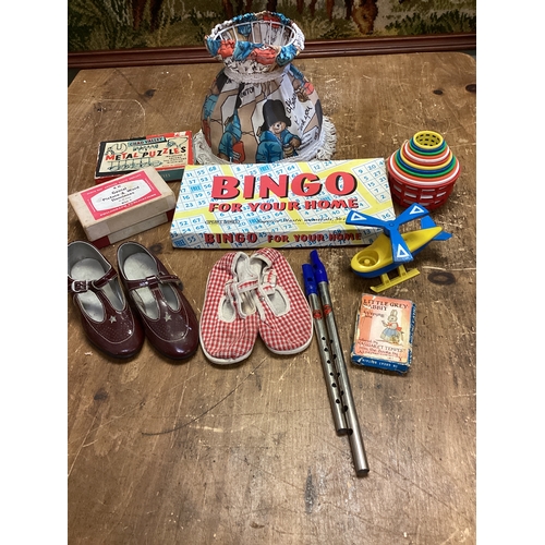 277 - Collection of Vintage Toys, Children's Shoes, 2 x Penny Whistles & Paddington Lamp Shade