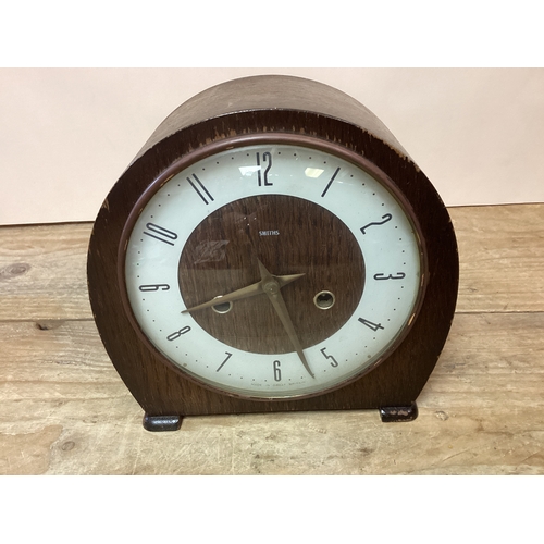 152 - Smiths Wooden Mantle Clock with Pendulum & Key