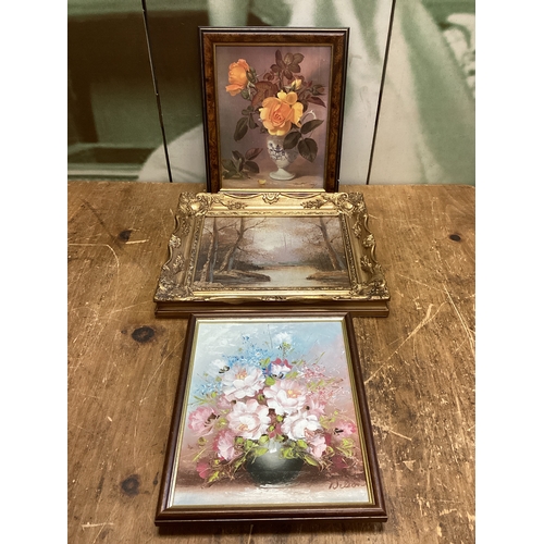 25 - 2 x Framed Oil Paintings, Floral & Landscape & Floral Print - Largest 35 cm x 29 cm