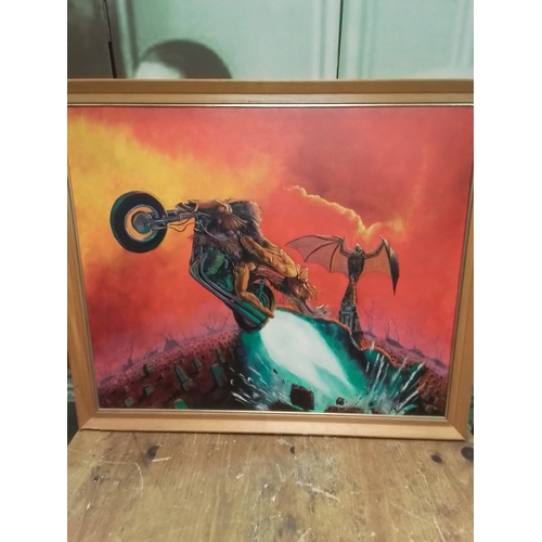 5 - Oil on canvas Bat Out Of Hell. Framed width 33 cm, hight 27.5 cm . Small amount of damage on frame.