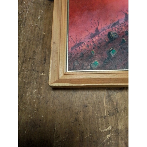 5 - Oil on canvas Bat Out Of Hell. Framed width 33 cm, hight 27.5 cm . Small amount of damage on frame.