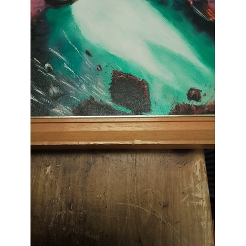 5 - Oil on canvas Bat Out Of Hell. Framed width 33 cm, hight 27.5 cm . Small amount of damage on frame.