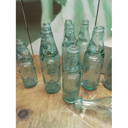 267 - Large collection  vintage cod neck bottles with marbles, also a Victoriana soda bottle. And stonewar... 