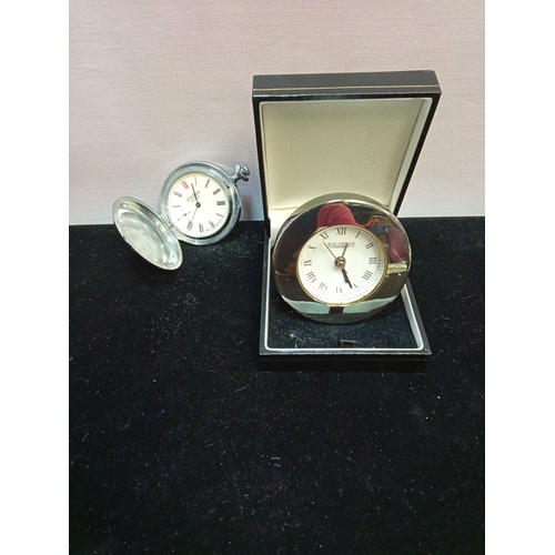 160 - Sekonda Full Hunter Pocket Watch & Jean Pierre Silvertone Travel Clock