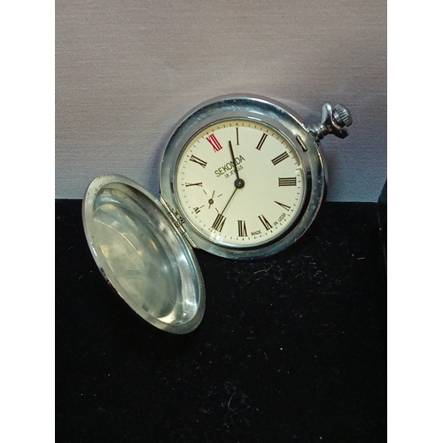 160 - Sekonda Full Hunter Pocket Watch & Jean Pierre Silvertone Travel Clock