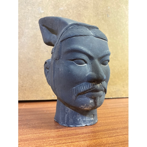 235 - Chinese Warrior Head in Painted Terracotta, 18cm