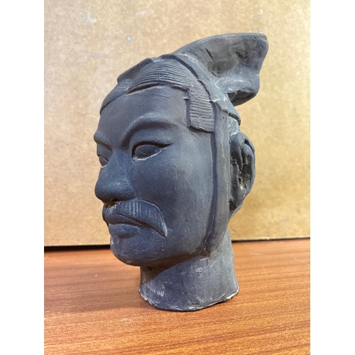 235 - Chinese Warrior Head in Painted Terracotta, 18cm