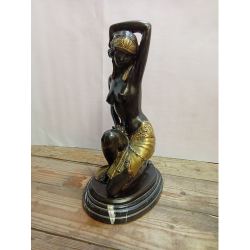 250 - Bruchon Inspired Bronze Figure of Crouching Lady on Marble Plinth. App. 35cm High