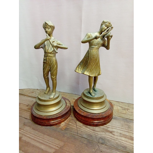 251 - Pair of Lancini Brass Figures on Wooden Bases Depicting Musicians. App. 25cm High