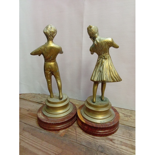 251 - Pair of Lancini Brass Figures on Wooden Bases Depicting Musicians. App. 25cm High