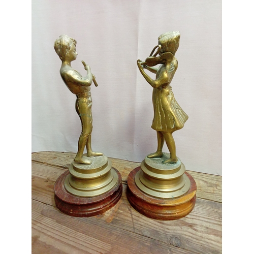 251 - Pair of Lancini Brass Figures on Wooden Bases Depicting Musicians. App. 25cm High