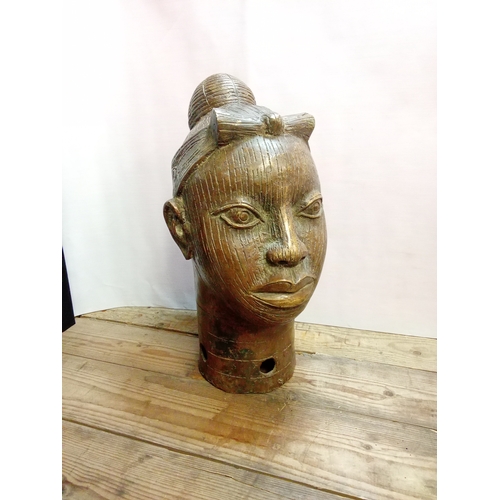 252 - Mid Century Hollow Cast Bronze Nigerian Benin Female Head. App. 40cm High