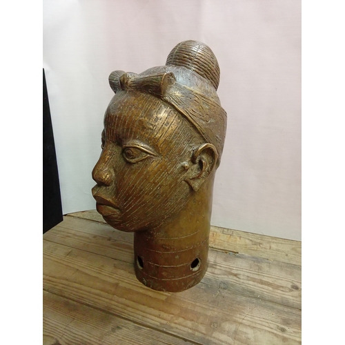 252 - Mid Century Hollow Cast Bronze Nigerian Benin Female Head. App. 40cm High