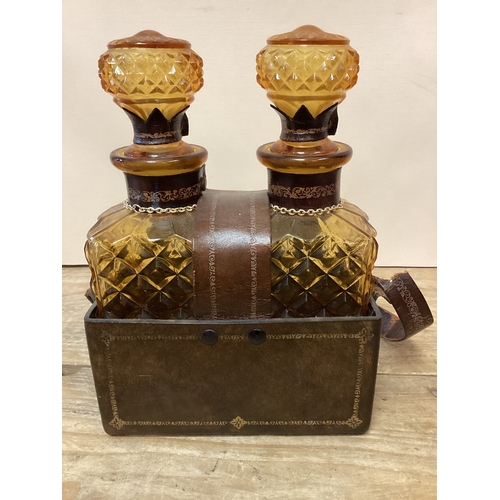 275 - Amber Glass Decanters in Leather Tantalus Cognac & Whisky