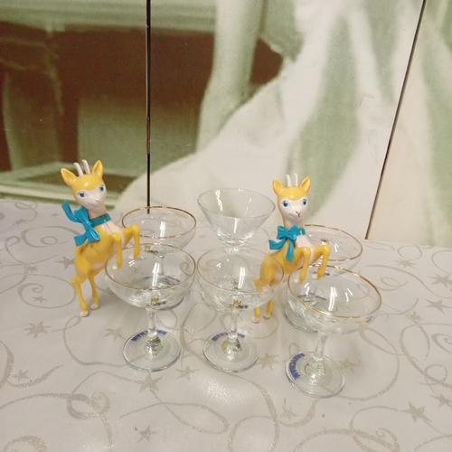 614 - 6 vintage Babycham glasses with Deer advertising figures