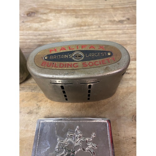 36 - Hip Flask (Makers Mark to Base), Halifax Money Box, Ronson Lighter & 2 x Belt Buckles