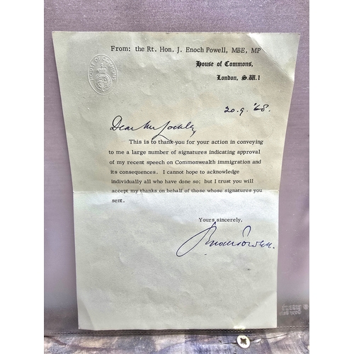 436 - Signed Letter from Rt.Hon.J.Enoch Powell dated 20.09.68 on Headed HOC Paper