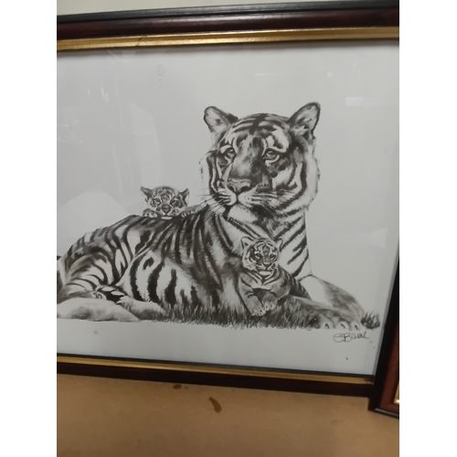 20 - Collection of four tiger pictures to include oil and prints three are signed