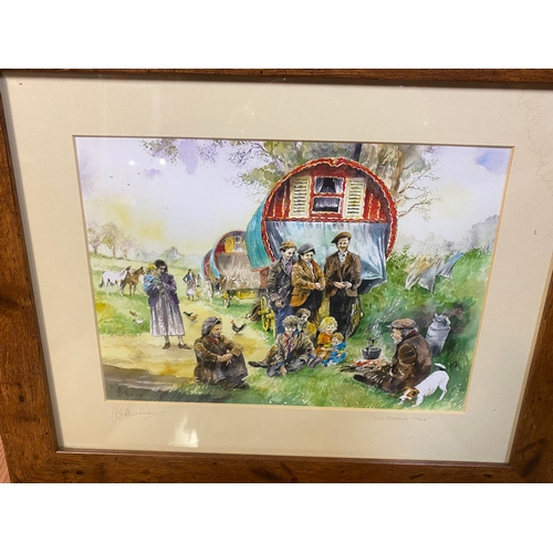 2 - A E Harrison Signed & Framed Prints - Romany Camp Site & Old Romany's Tale - 17 x 14 inches