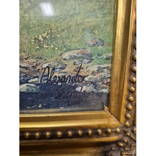 4 - Framed print of a scenic landscape with a river, cottage and mountains, picture is signed.