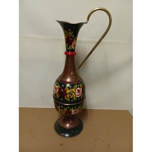 45 - Large Bargeware hand painted Copper jug, stoneware bottle and tin - Height 28 inches