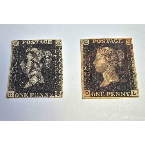 527 - Pair of Penny Black Stamps. One Cancelled in Red, One in Black